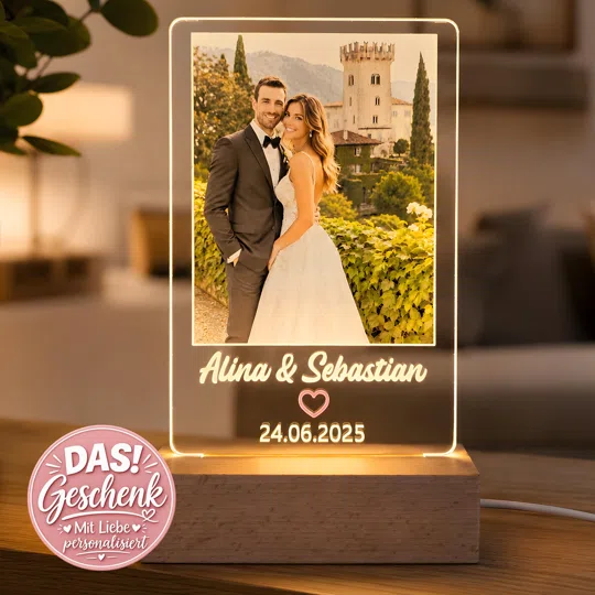 Hochzeits-Fotolampe personalisiert kaufen: rechteckige, warm leuchtende Bildtafel mit Foto, Namen, Herz und Datum auf einem breiten Sockel.