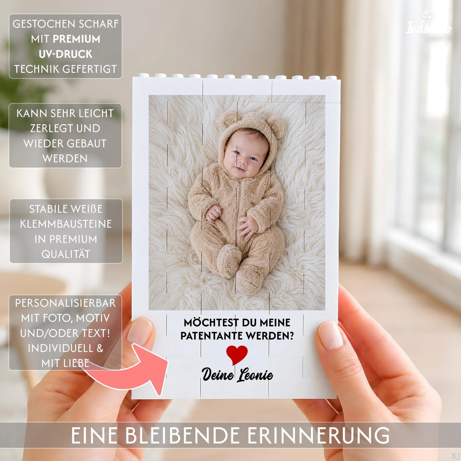 Infografik zu einem personalisierbaren Fotobild aus weißen Klemmbausteinen, das sich mit Foto, Motiv oder Text bedrucken, zerlegen und neu zusammensetzen lässt. Zu sehen ist ein Beispiel mit Babyfoto und Patenfrage.