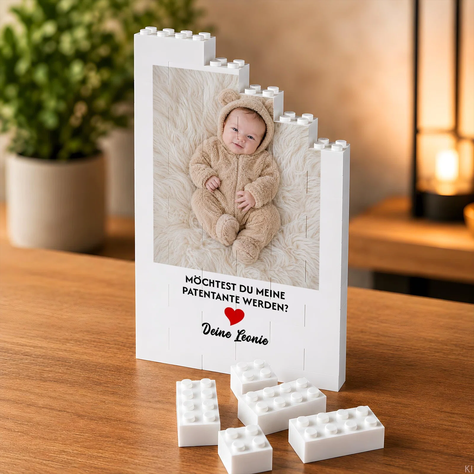 Weißes, stufenförmiges Fotopuzzle aus Steckbausteinen mit einem Baby im beigefarbenen Kapuzenanzug. Darunter stehen die Patenfrage „Möchtest du meine Patentante werden?“, ein rotes Herz und ein Beispielname.