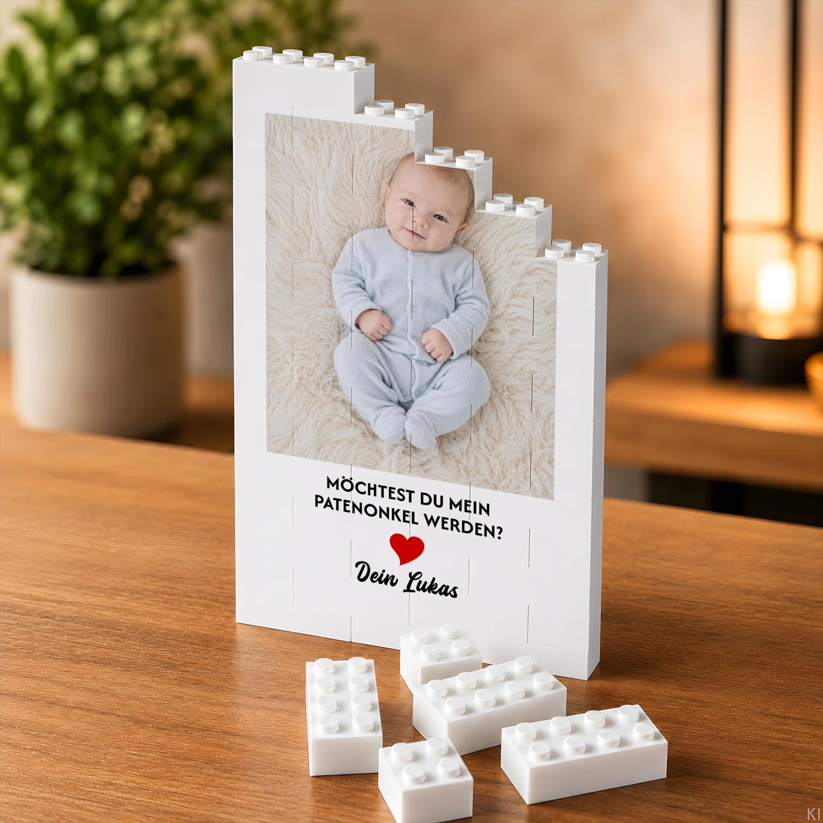 Personalisiertes Fotopuzzle aus weißen Klemmbausteinen, aufrecht auf einem Holztisch arrangiert. Es zeigt ein Babyfoto sowie die Frage „Möchtest du mein Patenonkel werden?“ mit rotem Herz.