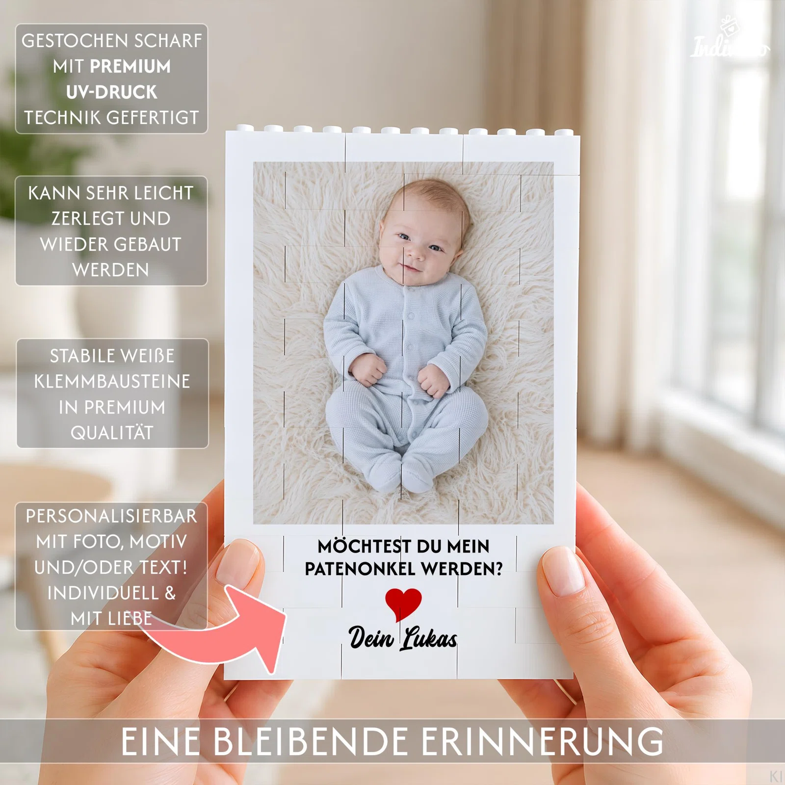 Infografik zu einem personalisierbaren Fotobild aus weißen Klemmbausteinen: Beispiel mit Babyfoto, Patenonkel-Frage, Herz und Signatur. Genannt werden UV-Druck sowie leichtes Zerlegen und erneutes Bauen.