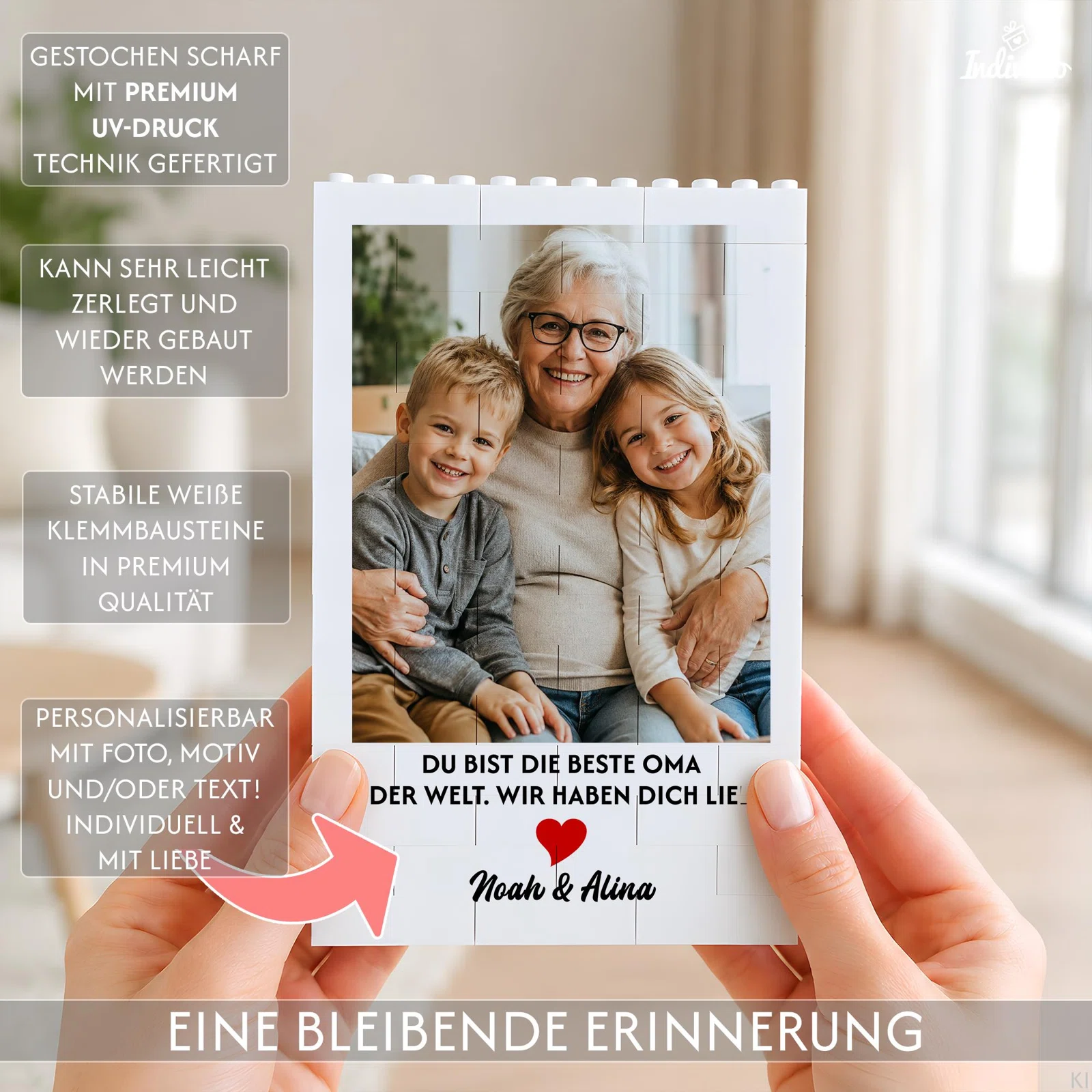 Infografik zu einem personalisierbaren Fotobild aus weißen Klemmbausteinen: scharfer UV-Druck, leicht zerlegbar und wieder zusammensetzbar. Zu sehen sind ein Gruppenfoto, eine Widmung und ein rotes Herz.