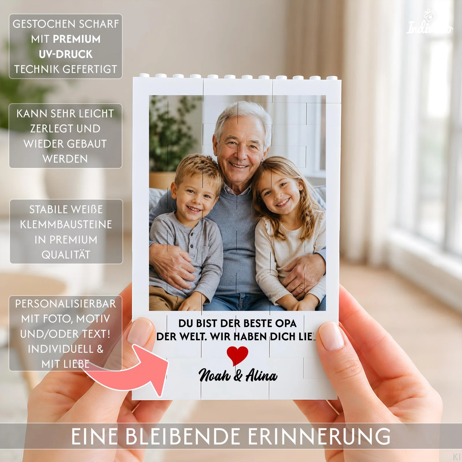 Infografik zu einem personalisierbaren Fotobild aus weißen Klemmbausteinen: per UV-Druck mit Foto, Motiv oder Text gestaltet und zum Zerlegen sowie erneuten Zusammensetzen geeignet.