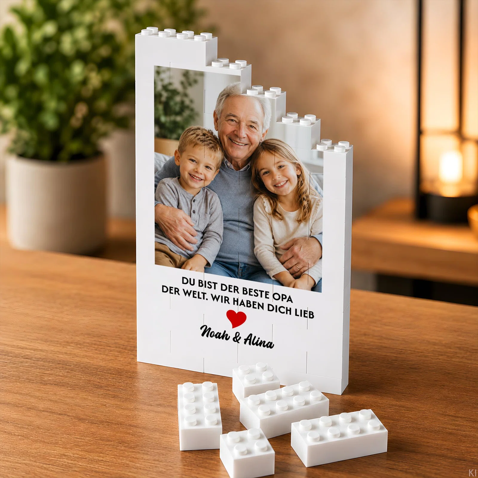 Weißer, aus Bausteinen gestalteter Fotorahmen mit stufigem Rand und Noppen, Familienfoto sowie dem Spruch „Du bist der beste Opa der Welt. Wir haben dich lieb“ und rotem Herz.