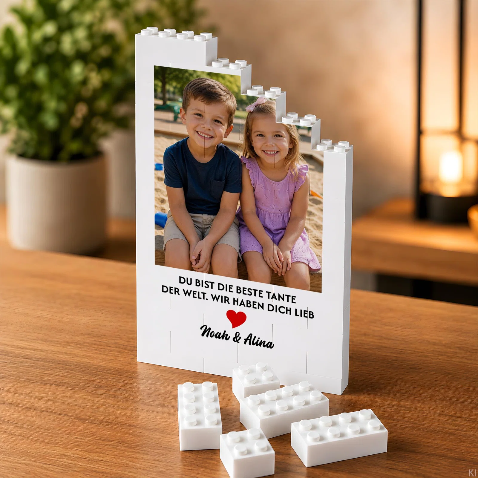 Aufrecht stehender weißer Fotorahmen in Bausteinoptik mit abgestufter Kontur, Hochformatfoto zweier Kinder sowie Tante-Widmung und rotem Herz. Mehrere lose weiße Bausteine liegen davor.