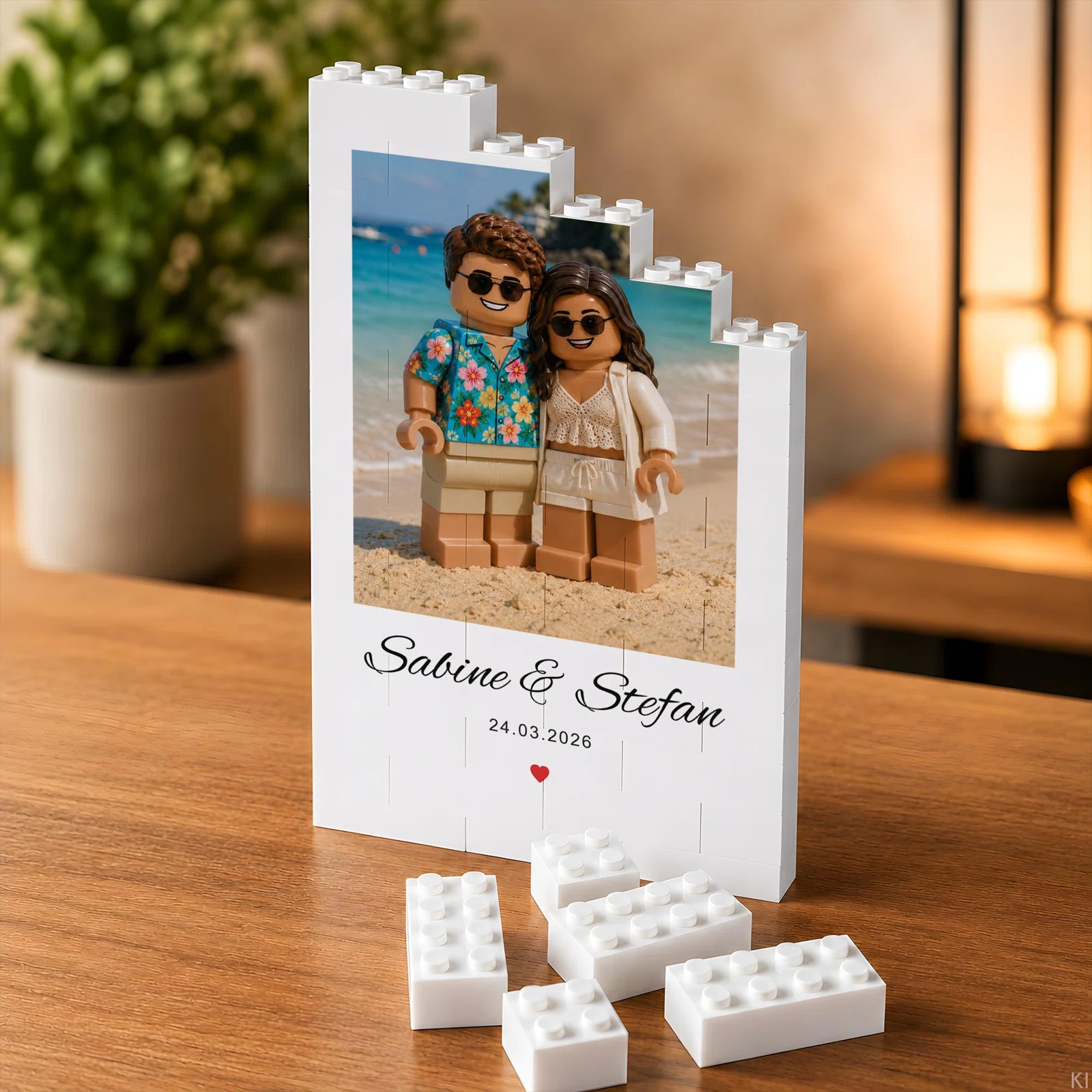 Fotopuzzle aus weißen Klemmbausteinen, aufrecht auf einem Holztisch: Strandmotiv mit zwei Figuren, darunter Namen, Datum und rotes Herz. Einige Steine liegen davor.