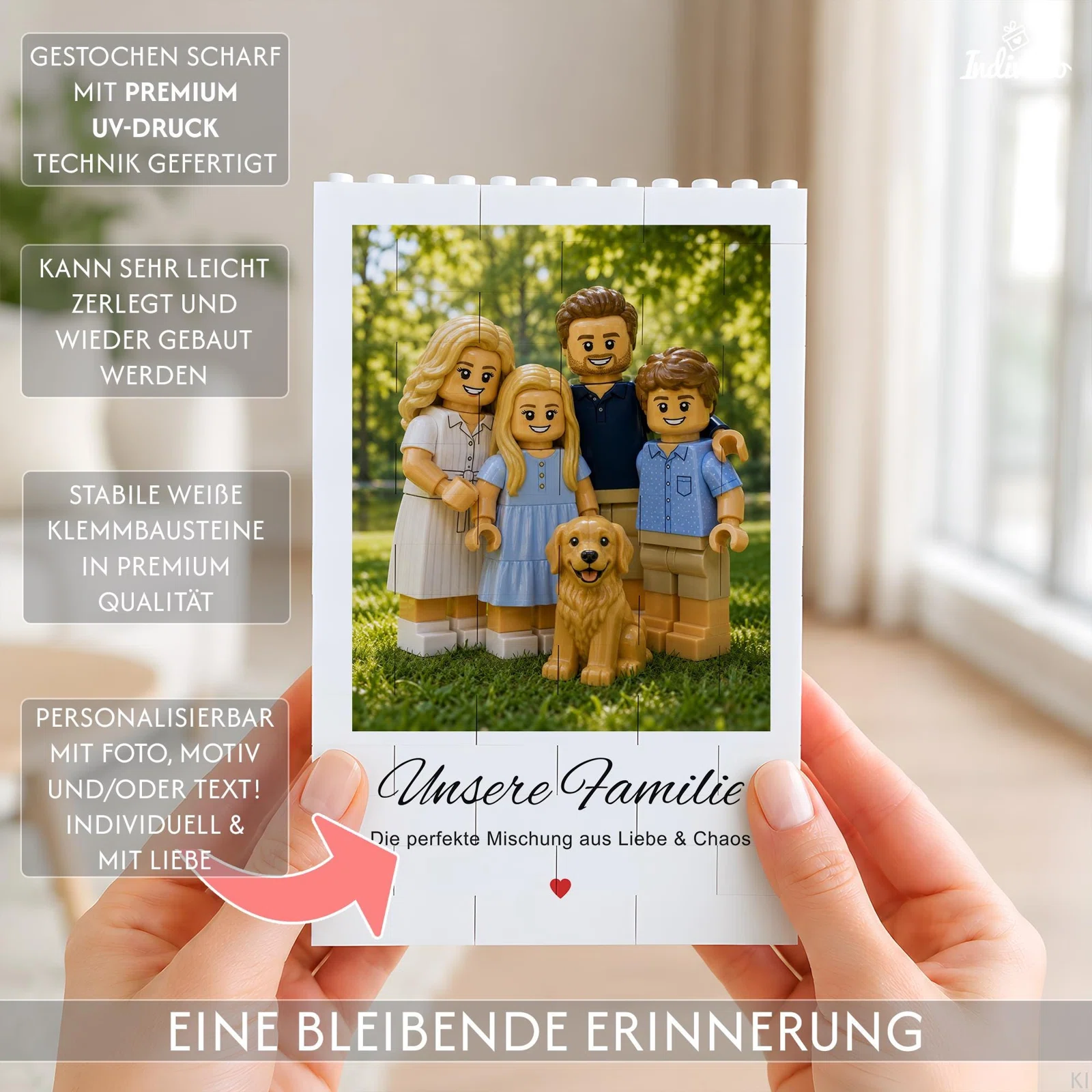 Infografik zu einem personalisierbaren Klemmbausteinbild mit Familienmotiv und Text. Genannt werden scharfer UV-Druck, weiße Bausteine sowie leichtes Zerlegen und erneutes Zusammensetzen.