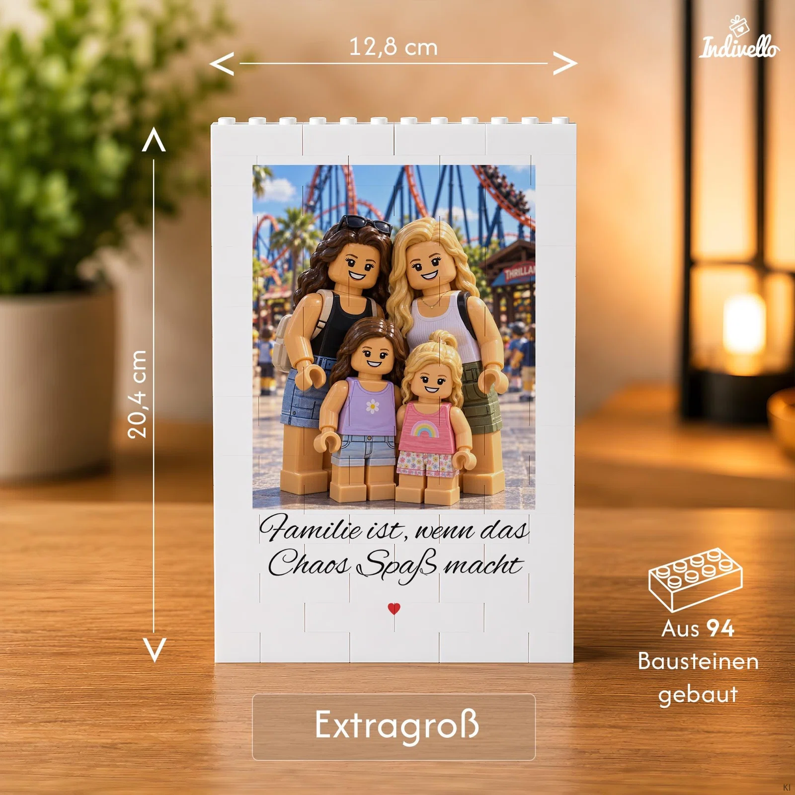 Infografik zur extragroßen weißen Bilderrahmen-Ausführung aus 94 Bausteinen: 20,4 cm hoch und 12,8 cm breit. Innen ist ein Beispielfoto mit vier Spielfiguren und Familienspruch zu sehen.