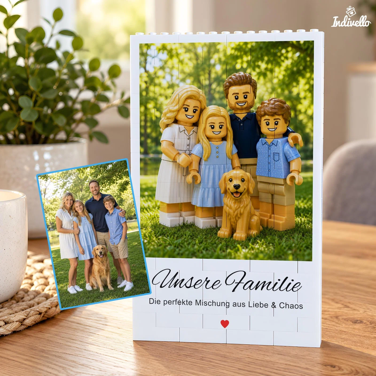 Personalisiertes Familienbild im Baustein-Stil bestellen: vier Figuren und ein Hund vor grüner Parkkulisse, daneben das Ausgangsfoto; darunter ein Familienspruch mit rotem Herz.