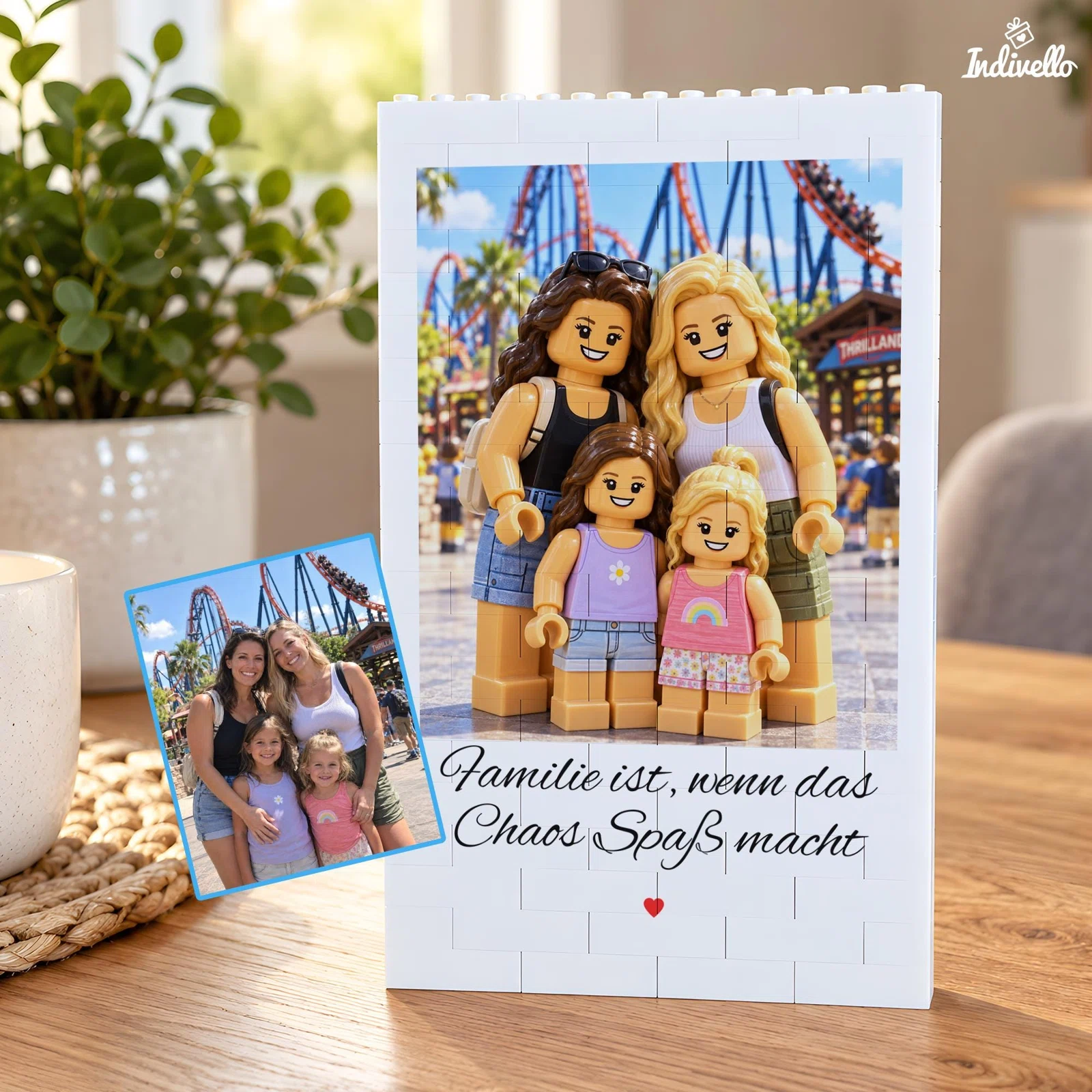 Hochformatige weiße Bausteintafel mit vier lächelnden Figuren vor einer Achterbahn, gestaltet nach dem danebenliegenden Foto. Darunter steht: „Familie ist, wenn das Chaos Spaß macht“ mit rotem Herz.