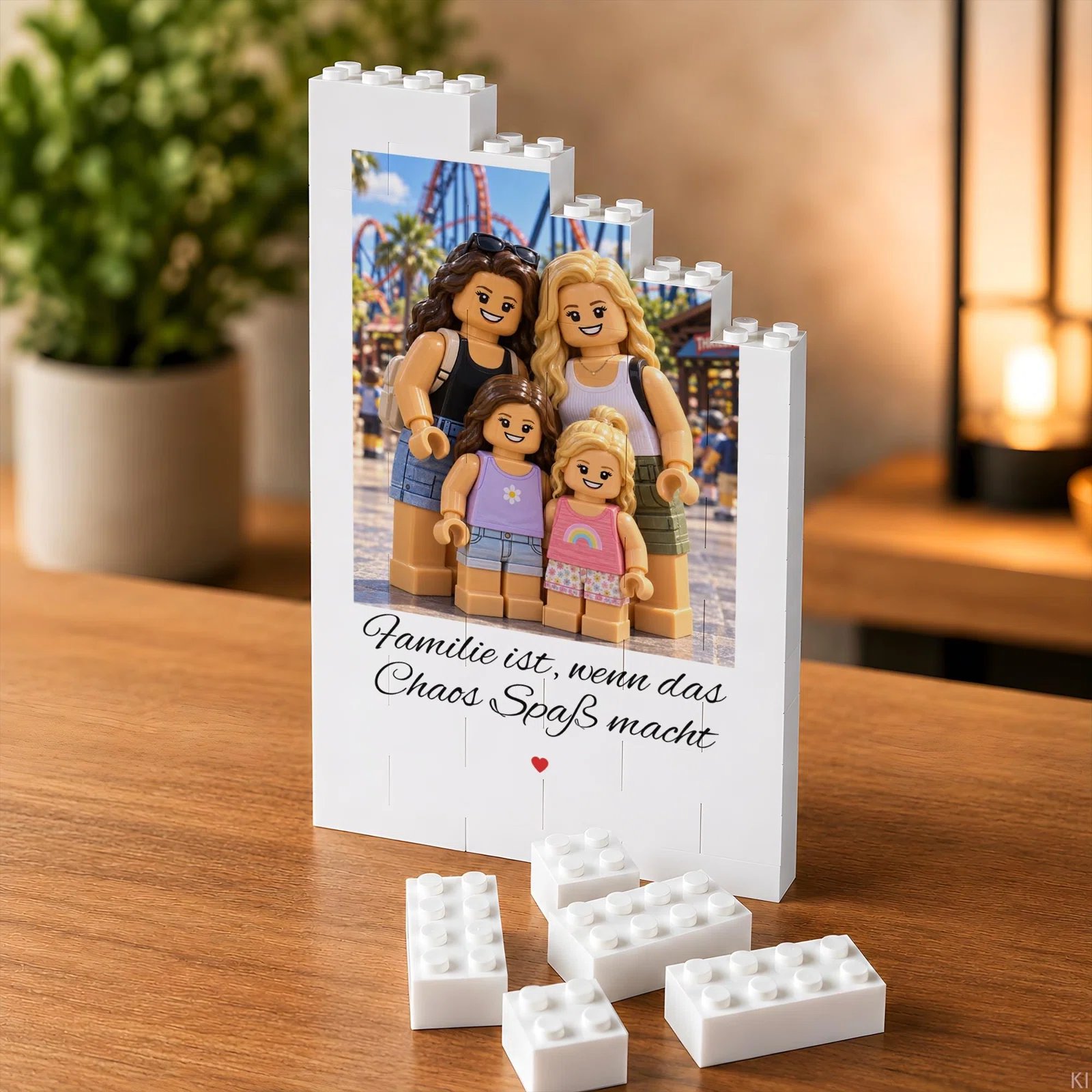 Weißer Bilderrahmen in Bausteinoptik mit stufigem Rand, vier Spielfiguren vor einer Achterbahn und dem Spruch „Familie ist, wenn das Chaos Spaß macht“. Frontal auf einem Holztisch arrangiert.
