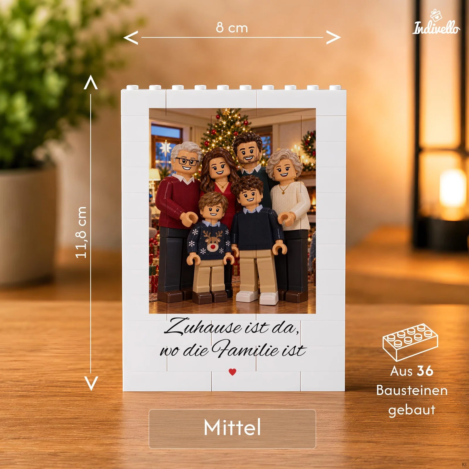 Größenübersicht der mittleren Variante: weißer Baustein-Fotorahmen, 8 cm breit und 11,8 cm hoch, aus 36 Bausteinen. Beispielmotiv mit sechs Figuren und Familienspruch.