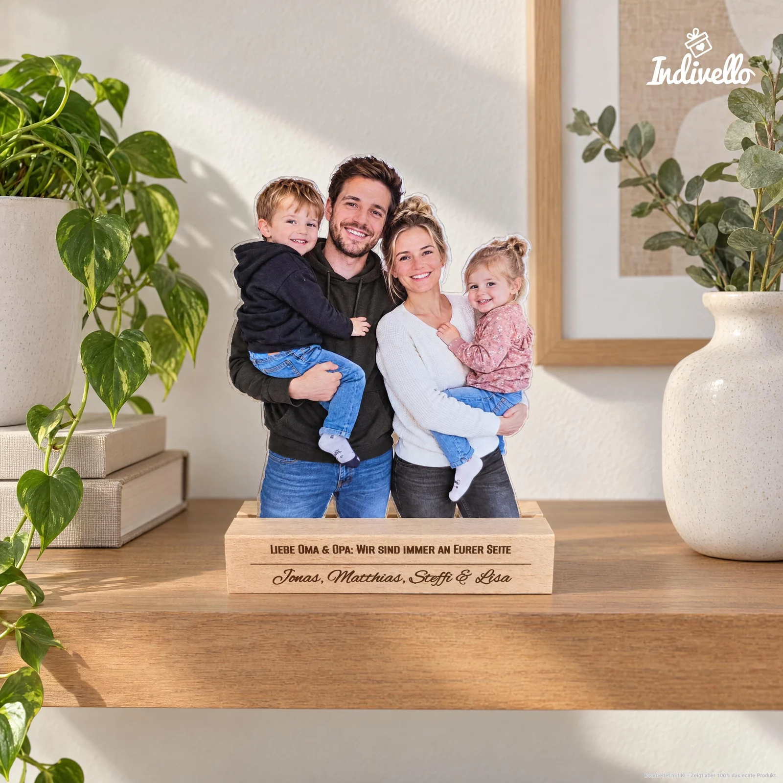 Frontal fotografierter Fotoaufsteller mit ausgeschnittener Aufnahme von zwei Erwachsenen und zwei Kindern in einem hellen Sockel in Holzoptik. Darauf steht: „Liebe Oma & Opa: Wir sind immer an eurer Seite – Jonas, Matthias, Steffi & Lisa“; dekoriert auf einem Holztisch zwischen grünen Pflanzen.