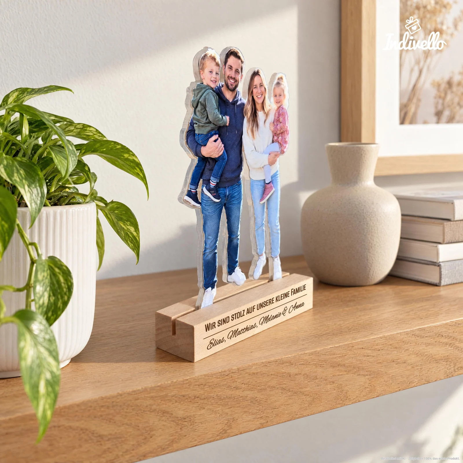 Freistehender Fotoaufsteller mit ausgeschnittener Abbildung einer vierköpfigen Familie, frontal in einem hellen Holzsockel präsentiert. Der Sockel trägt die Aufschrift „WIR SIND STOLZ AUF UNSERE KLEINE FAMILIE“ und vier Namen; dekoriert ist die Szene mit Zimmerpflanze, Vase und Büchern auf einem Holzregal.