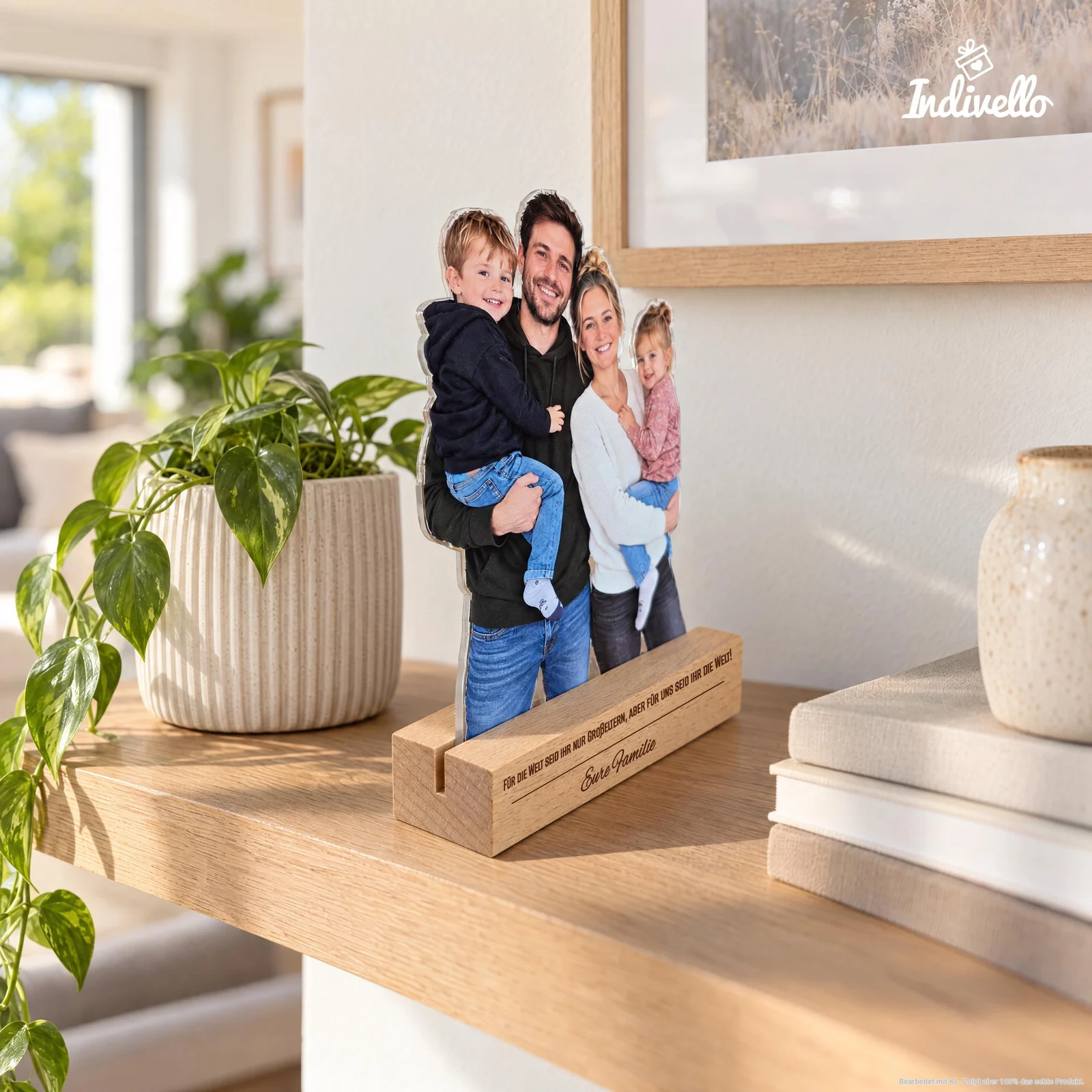 Freigestellter Fotoaufsteller mit zwei Erwachsenen und zwei Kindern in einem hellbraunen Holzsockel, schräg von vorn auf einer Kommode gezeigt. Der Sockel trägt die Aufschrift „Für die Welt seid ihr nur Großeltern, aber für uns seid ihr die Welt! Eure Familie“; daneben stehen eine grüne Pflanze, Bücher und eine Vase.