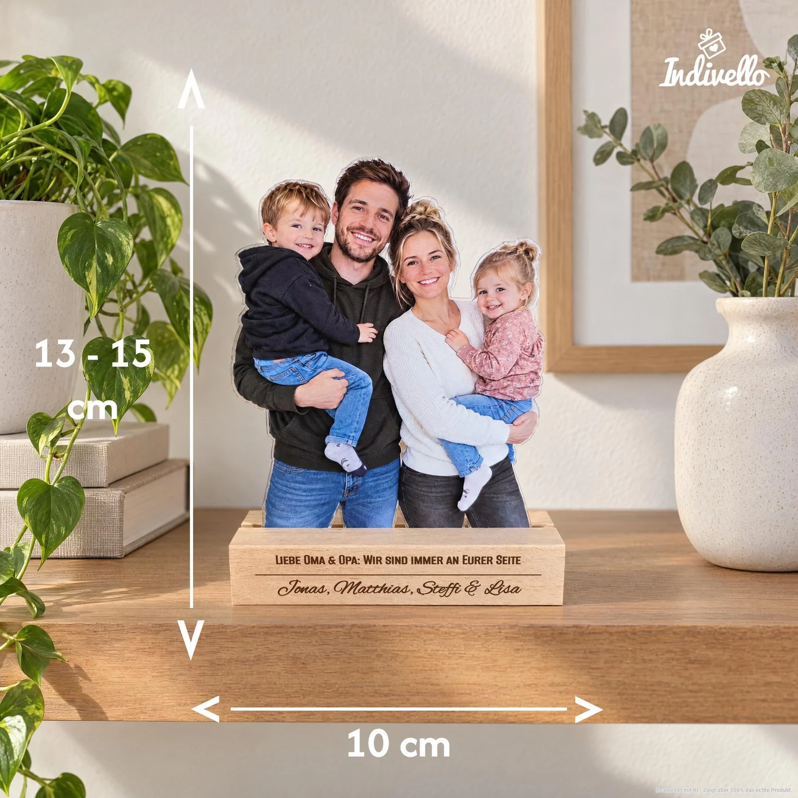 Frontalansicht eines personalisierten Fotoaufstellers mit ausgeschnittener vierköpfiger Familie in einem gravierten Holzsockel. Eingeblendete Pfeile zeigen eine Breite von 10 cm und eine Höhe von 13–15 cm; der Aufsteller steht auf einem Holzregal zwischen grünen Pflanzen.