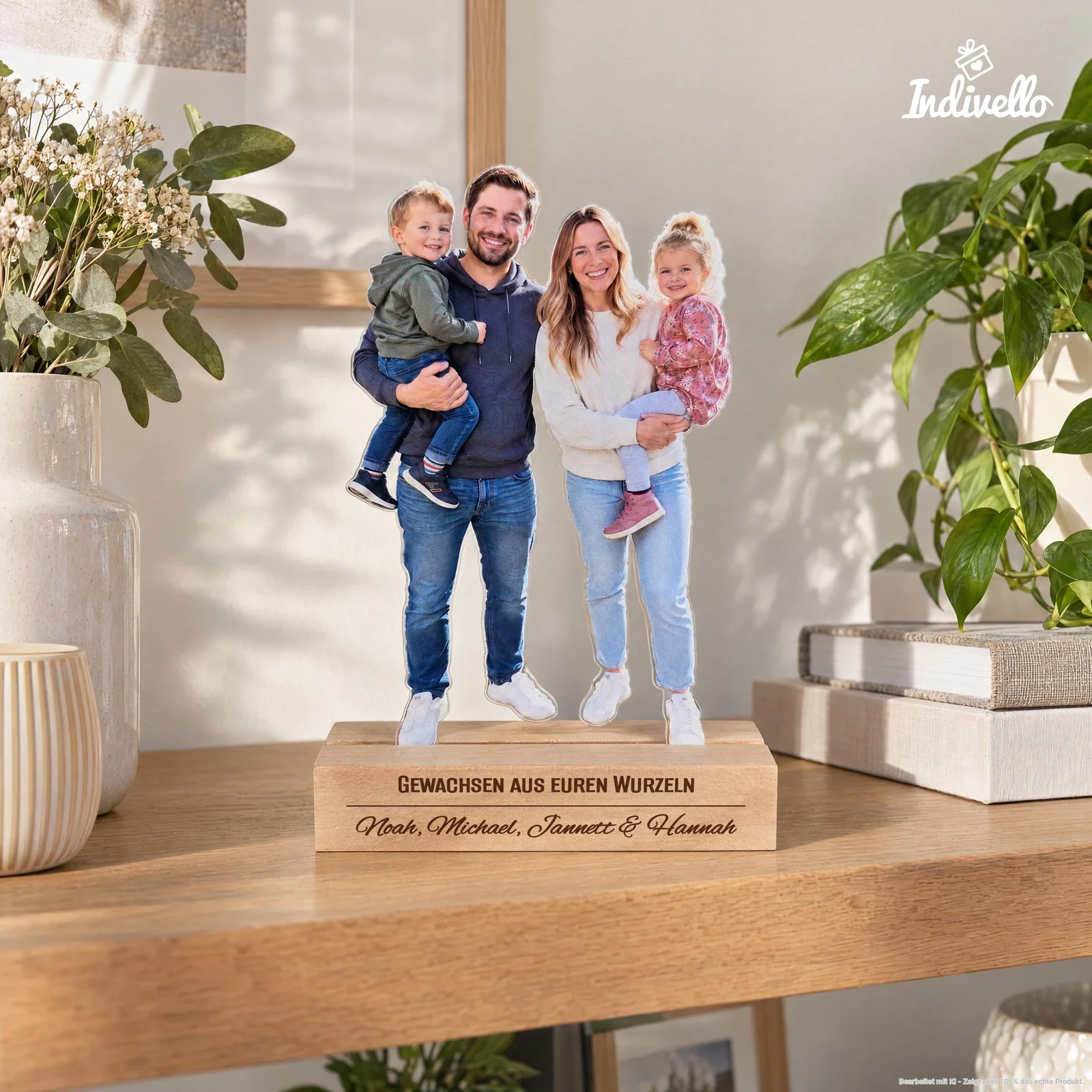 Personalisierter Fotoaufsteller mit zwei Erwachsenen und zwei Kindern als freigestelltes Ganzkörpermotiv auf einem holzfarbenen Sockel. Frontal auf einer Kommode zwischen Pflanzen und Deko fotografiert; der Sockel trägt die Aufschrift „Gewachsen aus euren Wurzeln“ sowie „Noah, Michael, Jannett & Hannah“.
