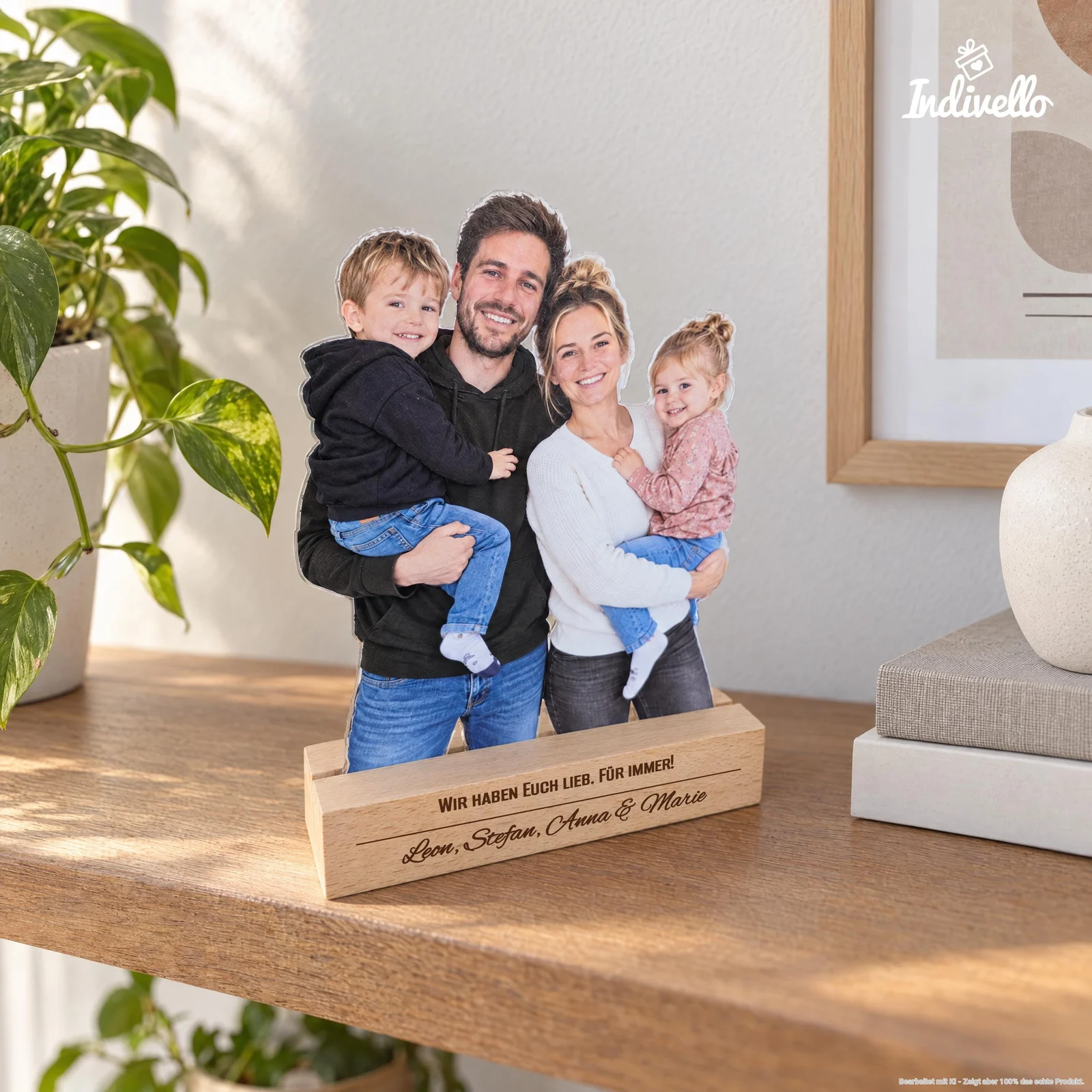 Personalisierter Fotoständer mit ausgeschnittener Aufnahme von zwei Erwachsenen und zwei Kindern, frontal auf einer hellen Basis in Holzoptik. Die Gravur lautet „Wir haben euch lieb. Für immer!“ sowie „Leon, Stefan, Anna & Marie“; dekoriert auf einem Holztisch mit grüner Pflanze, Bild und Vase.
