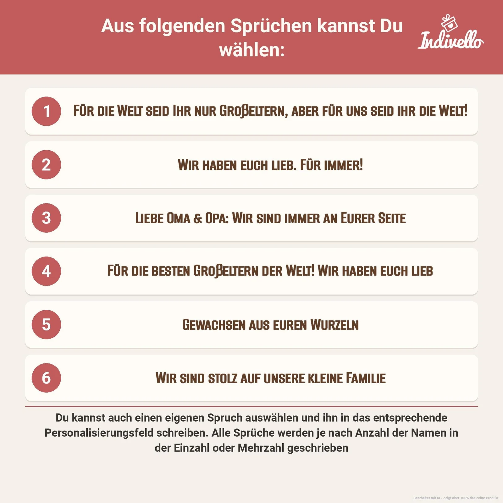 Frontale Infografik in Rot, Creme und Braun mit sechs wählbaren Sprüchen für Großeltern: „Für die Welt seid ihr nur Großeltern …“, „Wir haben euch lieb. Für immer!“, „Liebe Oma & Opa …“, „Für die besten Großeltern der Welt …“, „Gewachsen aus euren Wurzeln“ und „Wir sind stolz auf unsere kleine Familie“. Unten steht, dass auch ein eigener Spruch möglich ist und die Form an die Zahl der Namen angepasst wird.