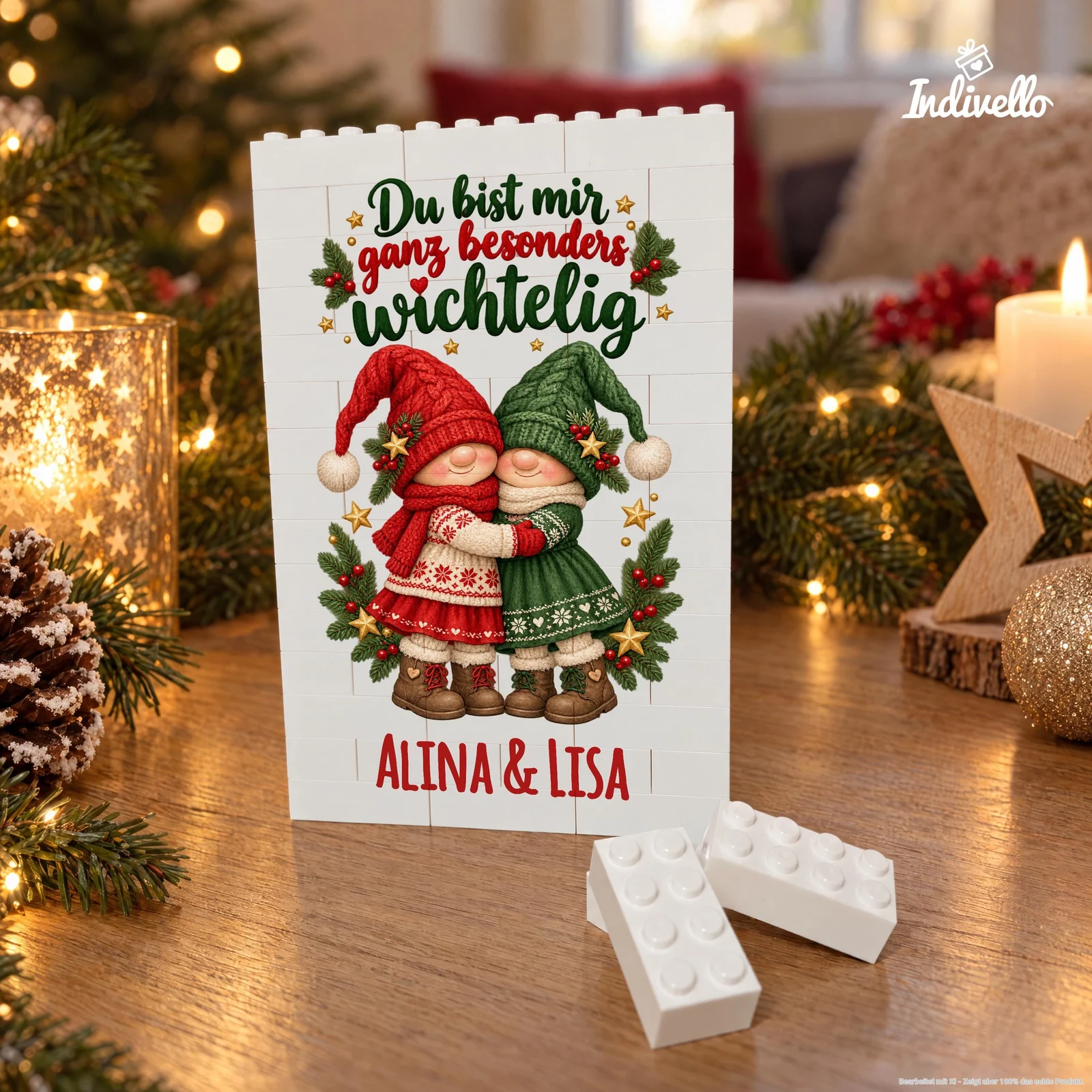 Frontansicht einer weißen, aus Klemmbausteinen aufgebauten Bildtafel mit zwei sich umarmenden Weihnachtswichteln in Rot und Grün. Darüber steht „Du bist mir ganz besonders wichtelig“, darunter „ALINA & LISA“; die Tafel steht zwischen Tannenzweigen, Lichtern und Kerzen auf einem Holztisch.