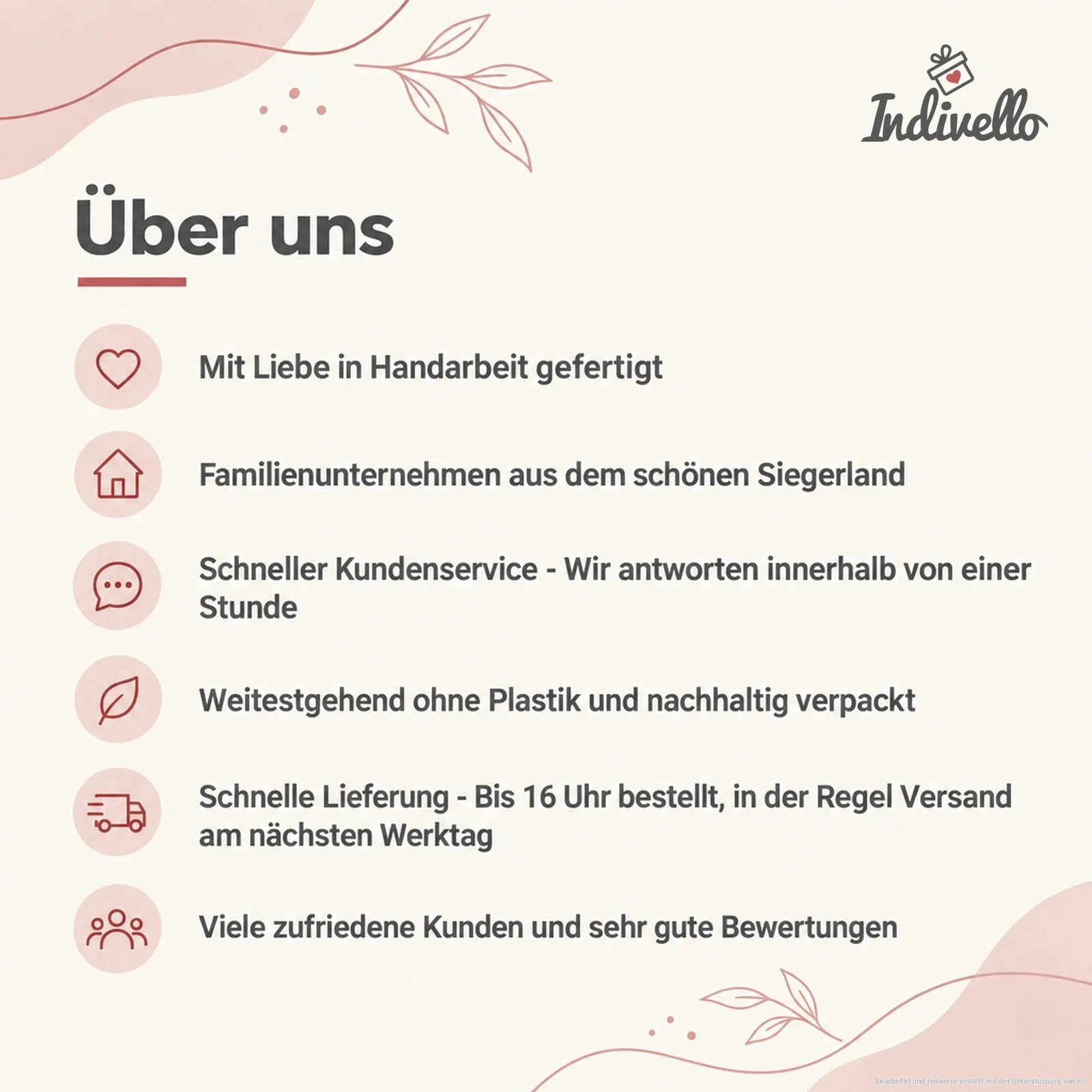 Cremefarbene „Über uns“-Infografik von Indivello mit rosafarbenen Akzenten, Pflanzenornamenten und sechs roten Symbolen. Sie stellt das Familienunternehmen aus dem Siegerland vor und nennt Handarbeit sowie weitgehend plastikfreie, nachhaltige Verpackung.