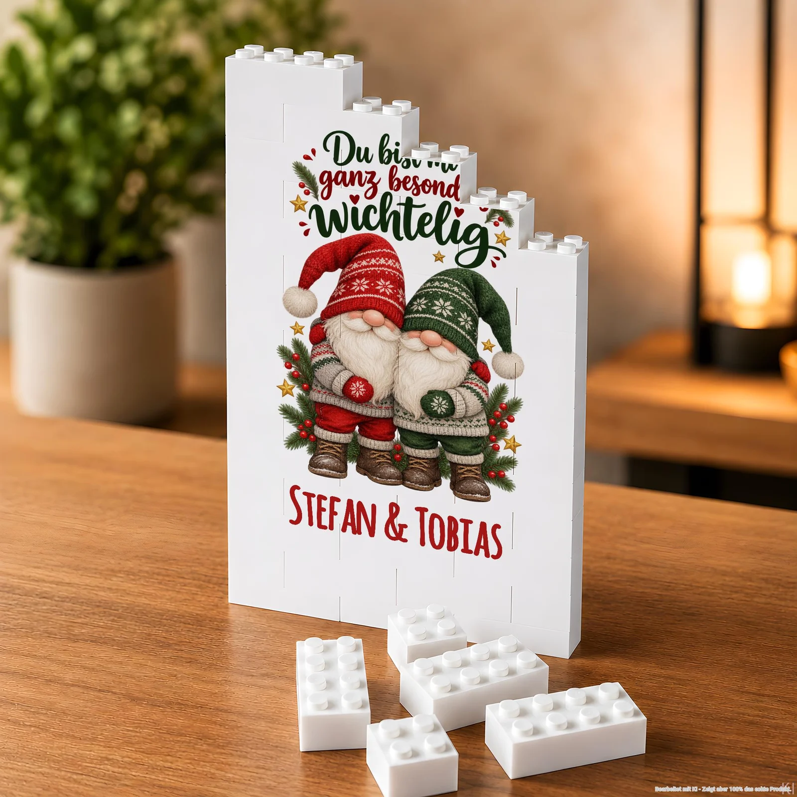 Weiße, hochkant aufgestellte Klemmbaustein-Tafel mit stufenförmigem Rand, frontal leicht von oben gezeigt. Das Weihnachtsmotiv zeigt zwei Wichtel in Rot und Grün mit Tannenzweigen, Sternen und dem Text „Du bist mir ganz besonders wichtig“ sowie „Stefan & Tobias“; lose weiße Bausteine liegen davor auf einem Holztisch.