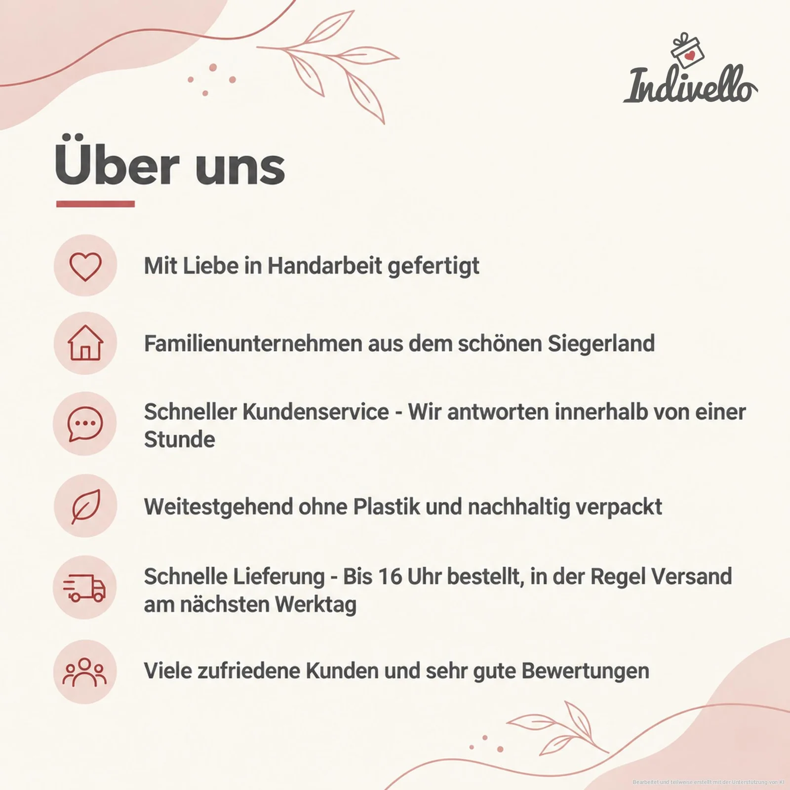 Cremefarbene „Über uns“-Infografik von Indivello mit rosafarbenen Akzenten, Blätterranken und roten Symbolen. Genannt werden liebevolle Handarbeit, ein Familienunternehmen aus dem Siegerland, schneller Kundenservice sowie weitgehend plastikfreie und nachhaltige Verpackung.