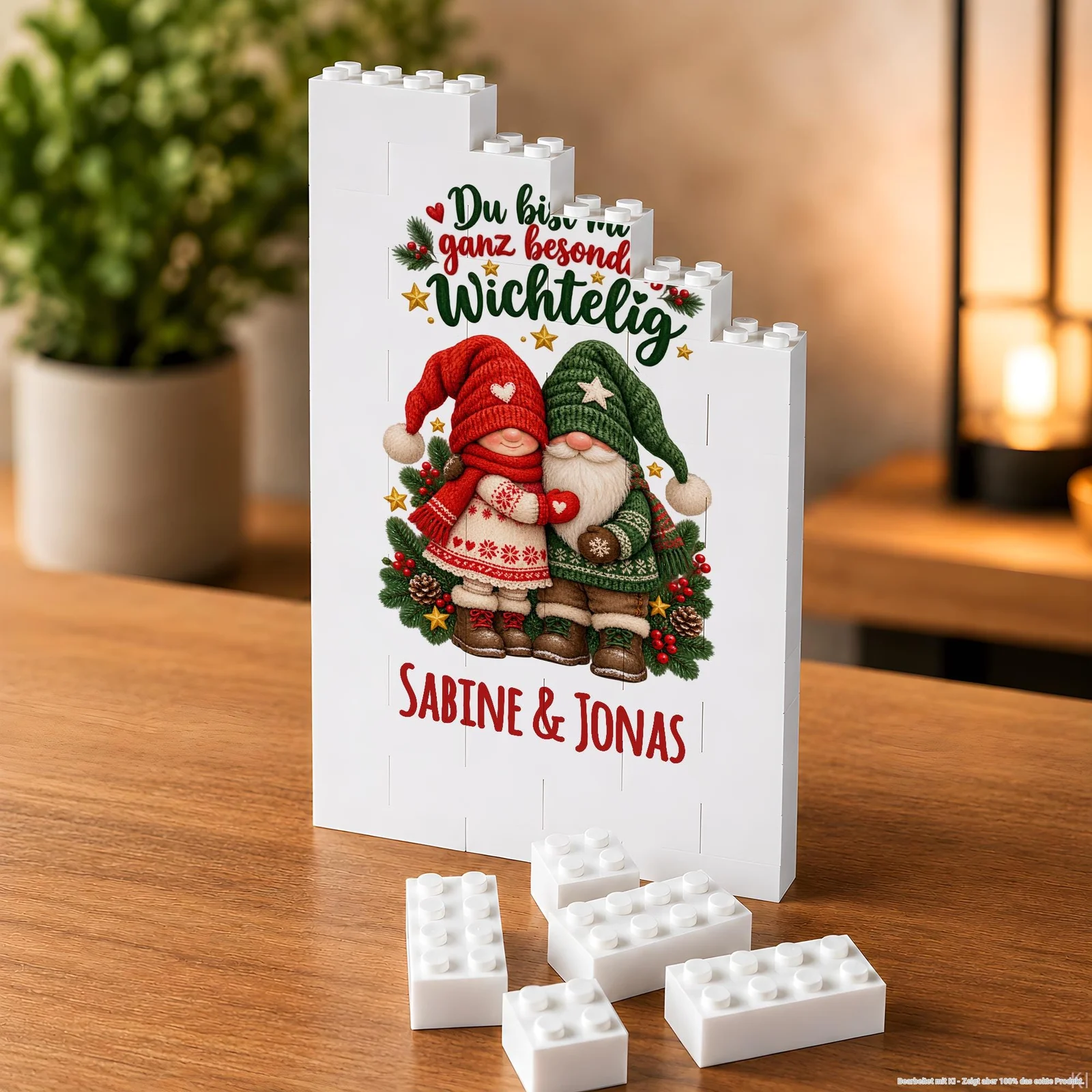 Leicht von vorn fotografierter weißer Aufsteller aus Steckbausteinen mit einem weihnachtlichen Motiv: Zwei Wichtel in roten und grünen Mützen stehen zwischen Tannenzweigen, Beeren und goldenen Sternen. Darüber steht „Du bist … ganz besonders wichtelig“, darunter „Sabine & Jonas“; lose weiße Bausteine liegen auf dem Holztisch.