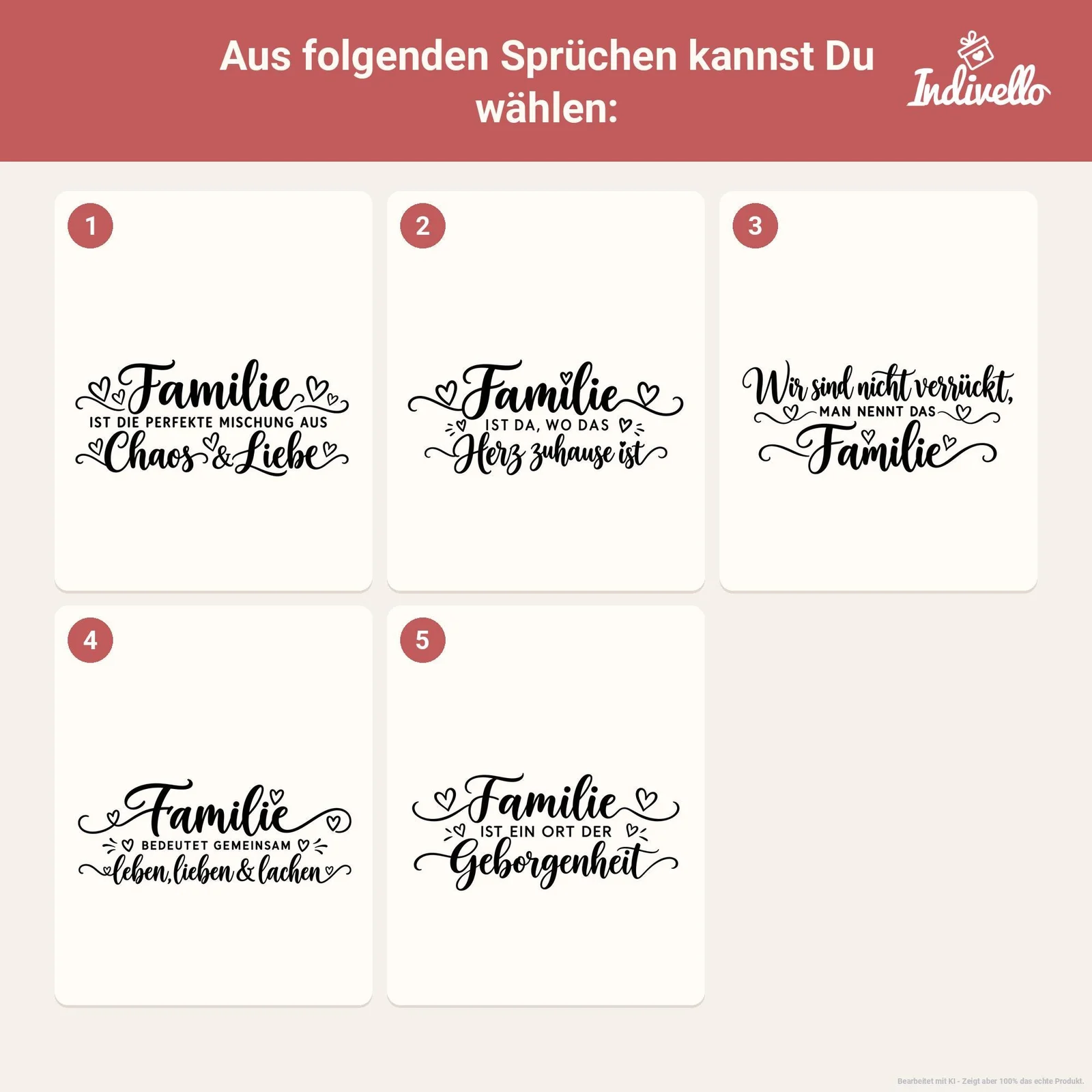 Infografik auf cremefarbenem Grund mit roter Überschrift „Aus folgenden Sprüchen kannst Du wählen:“ und fünf nummerierten, weißen Feldern. In schwarzer Schreibschrift stehen fünf Familiensprüche über Chaos und Liebe, das Herz als Zuhause, gemeinsames Verrücktsein, leben, lieben und lachen sowie Geborgenheit, jeweils mit kleinen Herzen und Zierlinien.