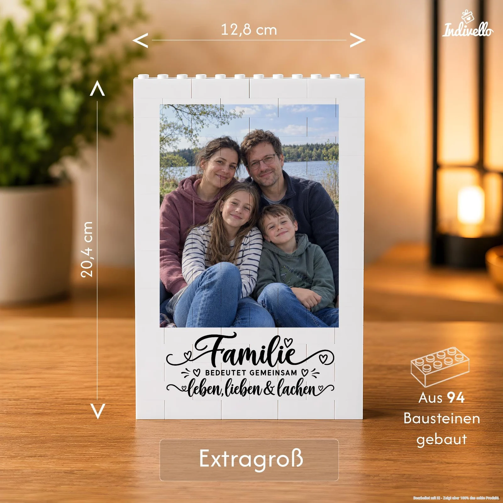 Frontansicht eines weißen, aus Bausteinen zusammengesetzten Bilderrahmens auf einem Holztisch, mit einem Familienfoto am See. Unter dem Foto steht in schwarzer Schrift: „Familie bedeutet gemeinsam leben, lieben & lachen“; im warm beleuchteten Hintergrund sind eine Pflanze und eine Lampe zu sehen.