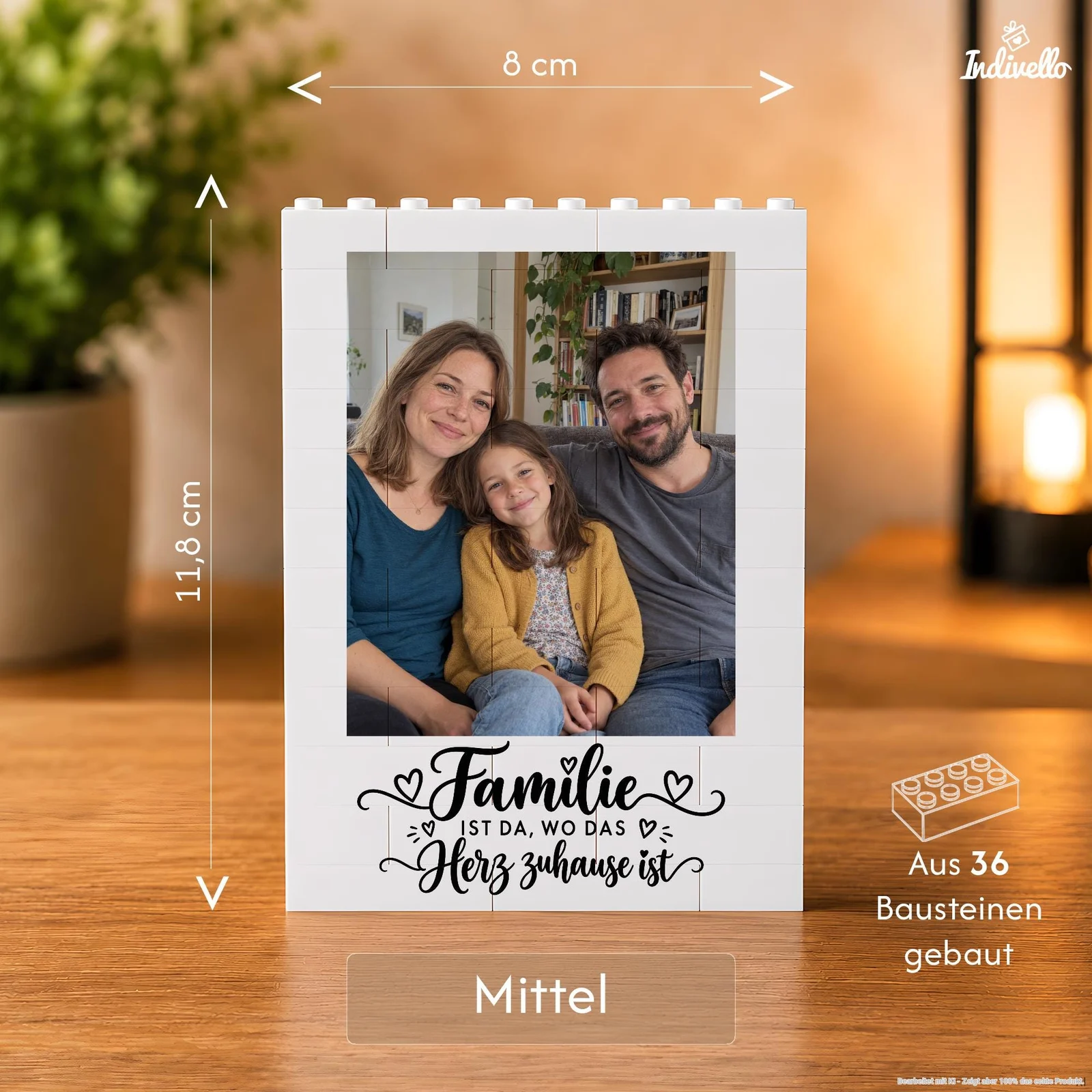 Frontalansicht eines weißen, aus 36 Bausteinen gestalteten Fotorahmens der Größe „Mittel“ auf einem Holztisch in warm beleuchteter Wohnszene. Er zeigt ein Foto von drei lächelnden Personen und den Schriftzug „Familie ist da, wo das Herz zuhause ist“.