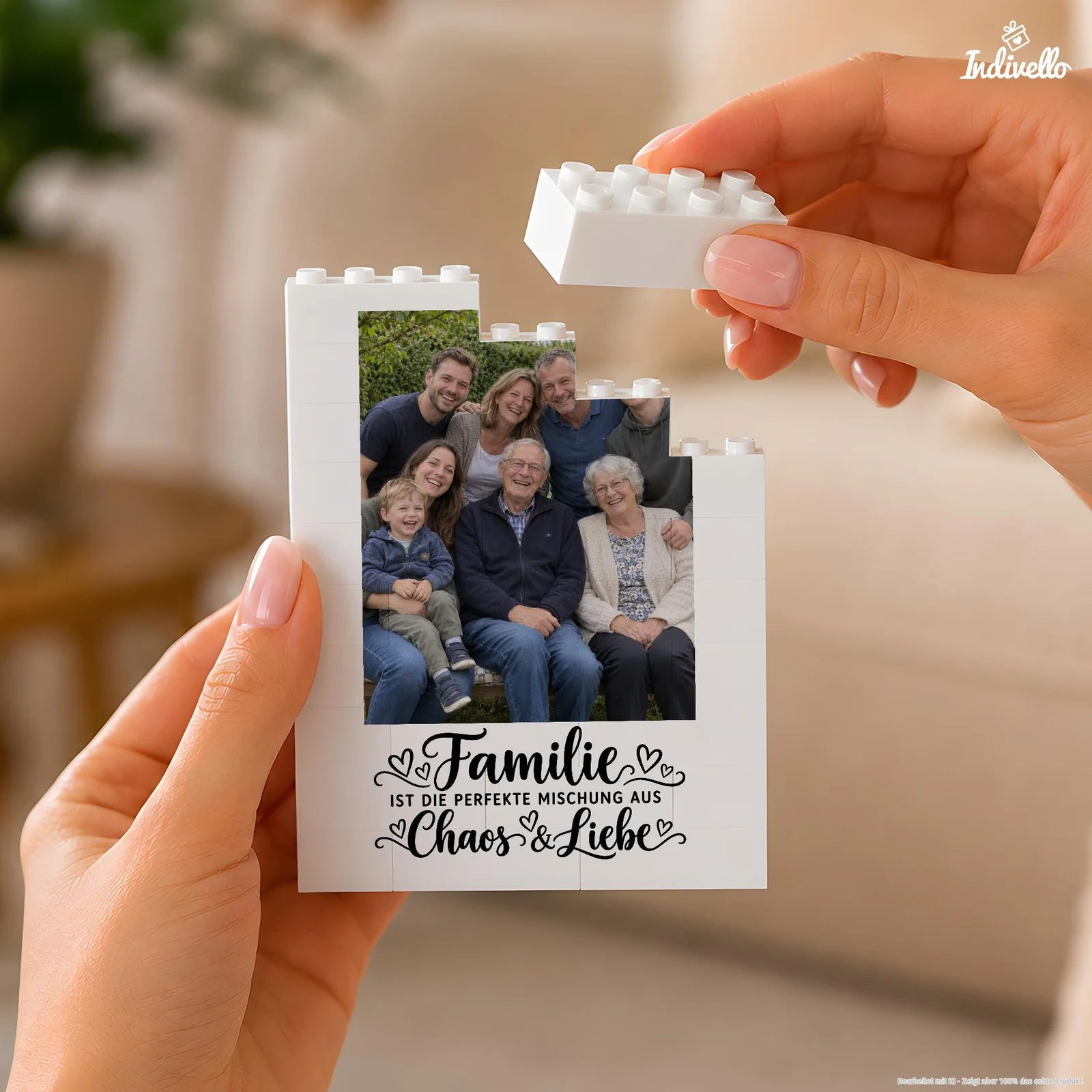 Nahaufnahme eines weißen, aus Klemmbausteinen gestalteten Fotohalters mit Gruppenfoto; zwei Hände halten ihn und setzen oben einen Baustein auf. Unter dem Bild steht in schwarzer Schrift mit Herzmotiven: „Familie ist die perfekte Mischung aus Chaos & Liebe“.
