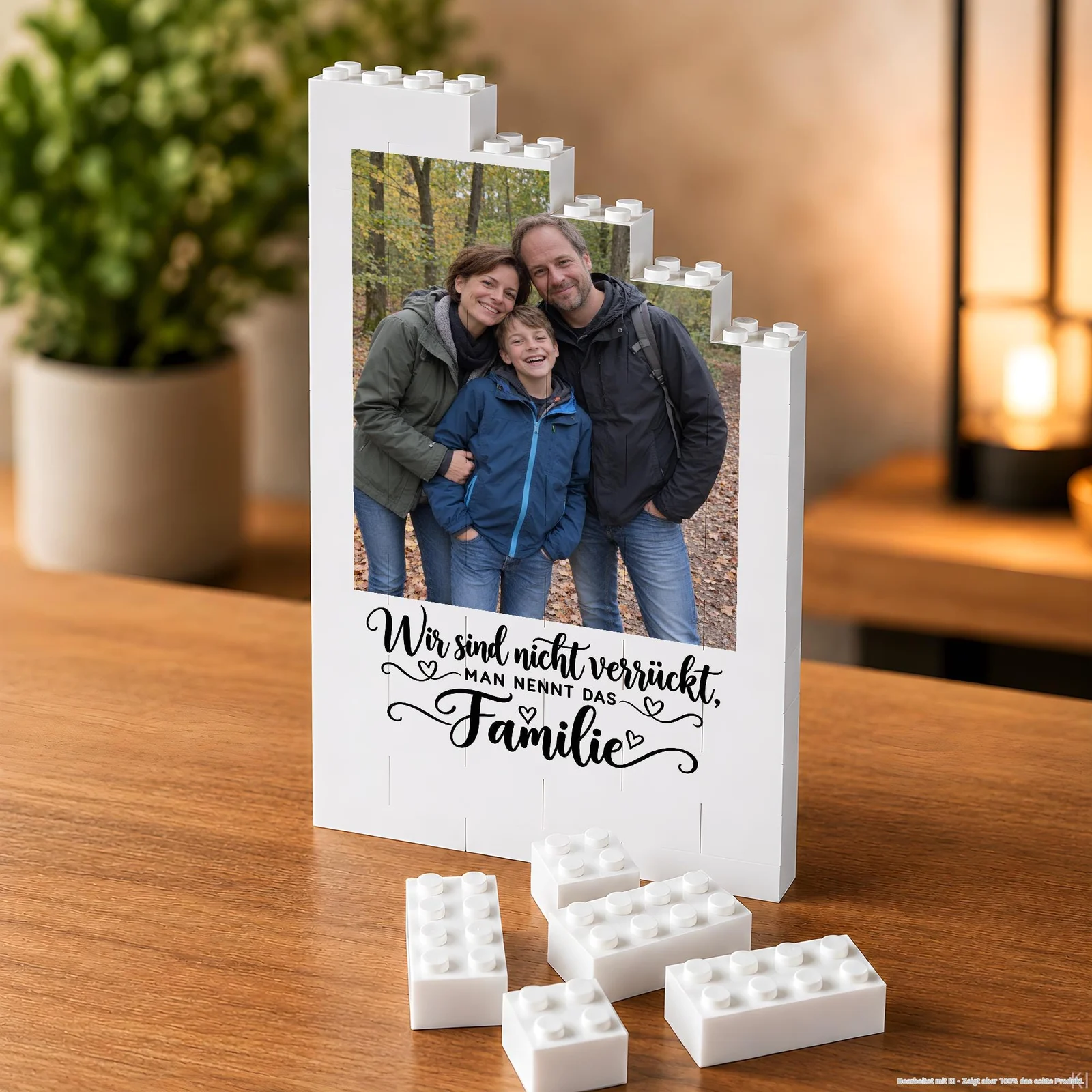 Auf einem Holztisch steht frontal ein weißer, stufenförmiger Bilderrahmen aus Bausteinen mit einem Foto von drei lächelnden Personen im Wald. Darunter steht in schwarzer Schrift „Wir sind nicht verrückt, man nennt das Familie“; mehrere lose weiße Bausteine liegen davor, im unscharfen Hintergrund sind eine Pflanze und eine leuchtende Lampe zu sehen.