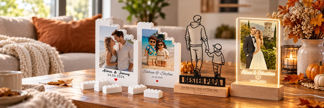Personalisierte Fotogeschenke, ein Papa-Aufsteller und eine leuchtende Fotolampe in herbstlicher Wohnszene