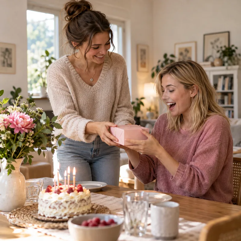 Eine Frau überrascht ihre Freundin am Geburtstag mit einem Geschenk