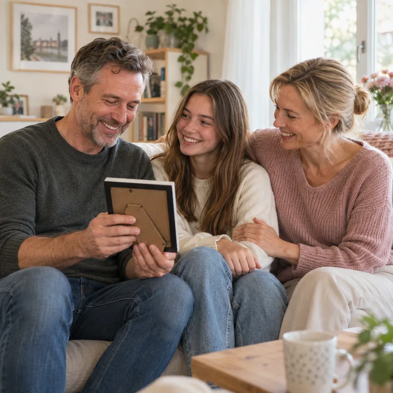 Eine Familie freut sich zu Hause über ein gemeinsames Fotogeschenk