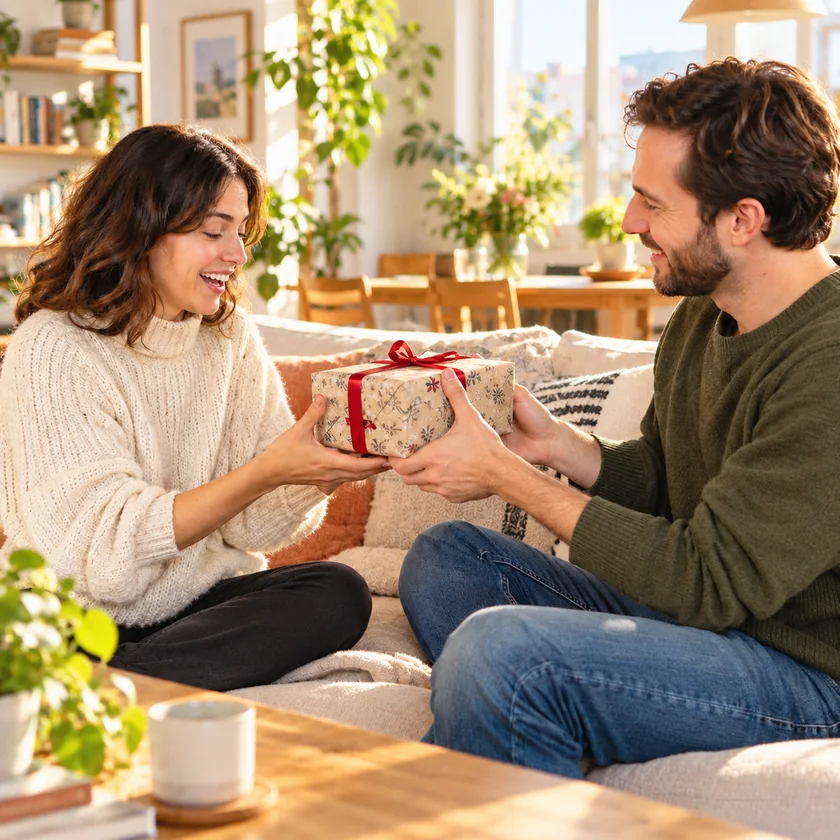 Ein Paar freut sich auf dem Sofa über ein liebevoll verpacktes Geschenk